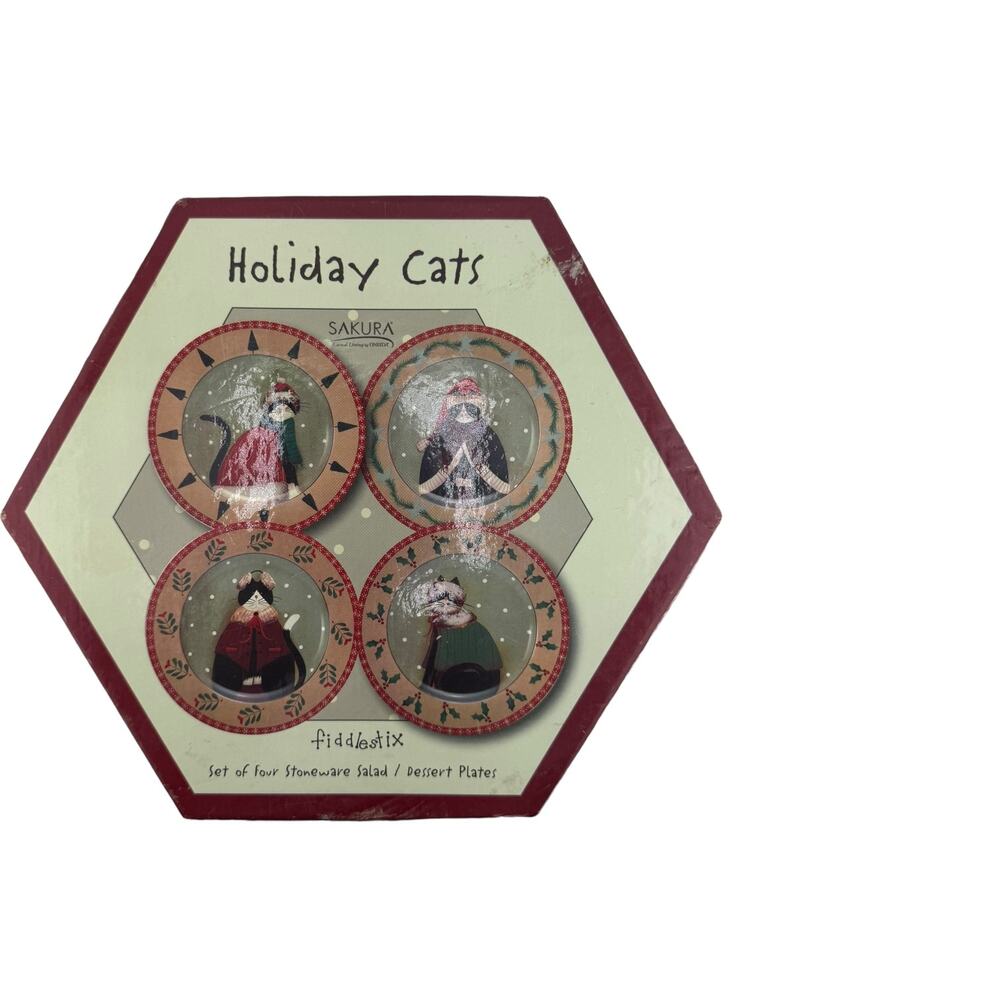 Vintage Sakura Fiddlestix Holiday Cats Stoneware Salad Plates Set of 4